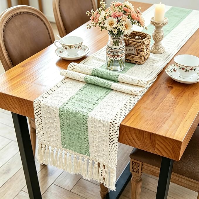 Boho Table Runner for Home Decor with Tassels 72 Inches Long , Farmhouse Rustic Green Table Runners for Bohemian Kitchen Dining Table(12x72in)