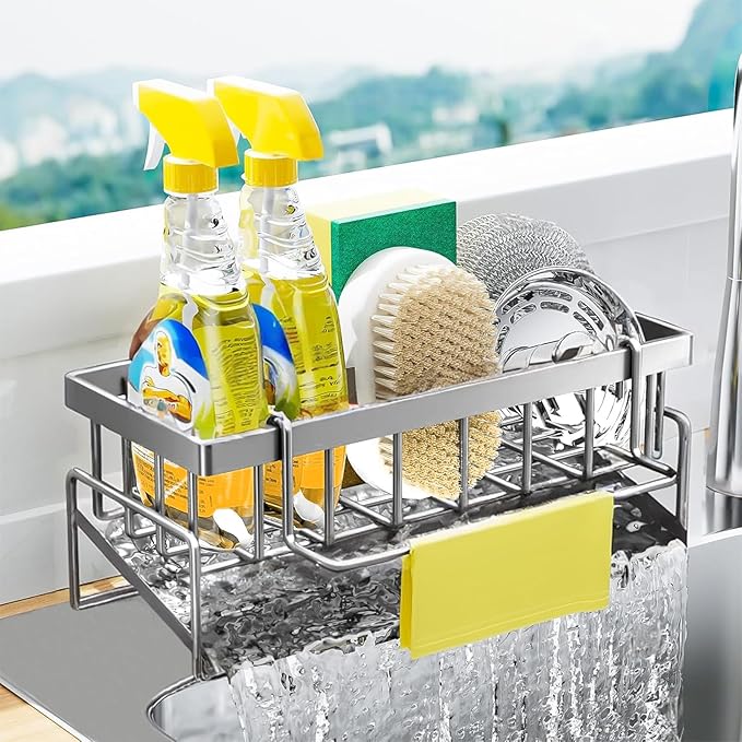 Sponge Holder for Kitchen Sink with Rag Holder, Kitchen Countertop Organizers and Storage Essentials, Rustproof Carbon Steel, Soap Dispenser Organize (Silver)