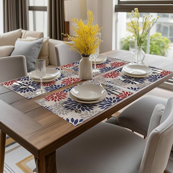 Artoid Mode Floral Vinyl Plastic Placemats Set of 4, 12x18 Inch 4th of July Patriotic Memorial Day Washable Non-Slip PVC Place Mats for Party Kitchen Dining Decor, Red Blue
