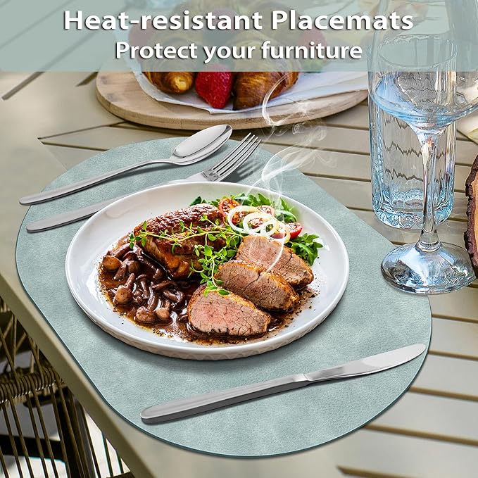 ADRIMER Placemats, Heat Resistant Oval Placemats Set of 8 Washable 12 x 17 Inch, Waterproof Table Mats, Wipeable Pu Place Mats for Kitchen, Dining Room, Light Blue