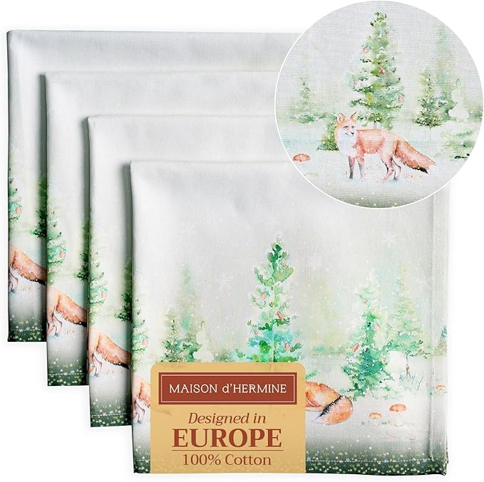 Maison d' Hermine Cloth Napkins Set of 4 100% Cotton for Thanksgiving Christmas Decorations Everyday Reusable Square Fall Napkins Cloth Washable Dinner Party (Winter Mornings, 20"x20")