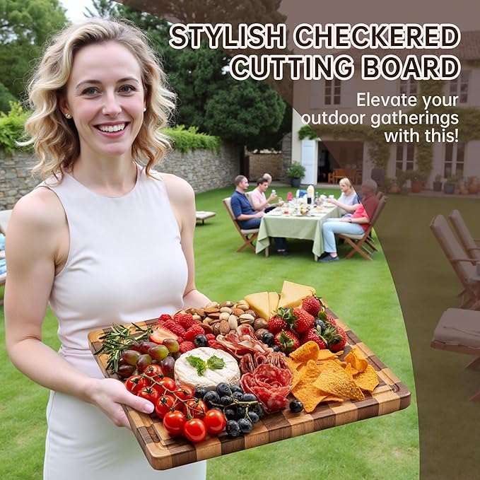 Checkered Cutting Boards for Kitchen, Wooden Cutting Board Set, Acacia Chopping Board with Juice Grooves & Handles, Butcher Block Serving Tray for Meat, Vegetables and Fruits, 3pcs