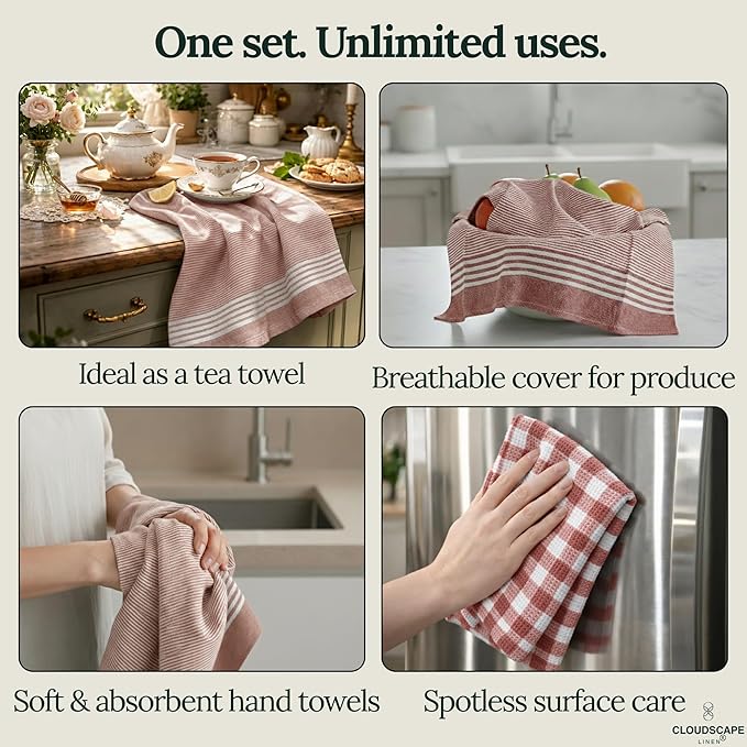 CLOUDSCAPE Kitchen Towels Set of 6 : Cotton-Blended Dish Cloths, Waffle Weave Quick-Drying Dish Towels for Kitchen Essentials, Highly Absorbent, Durable 18”x28” Hand Towels with Hanging Loop - Rust