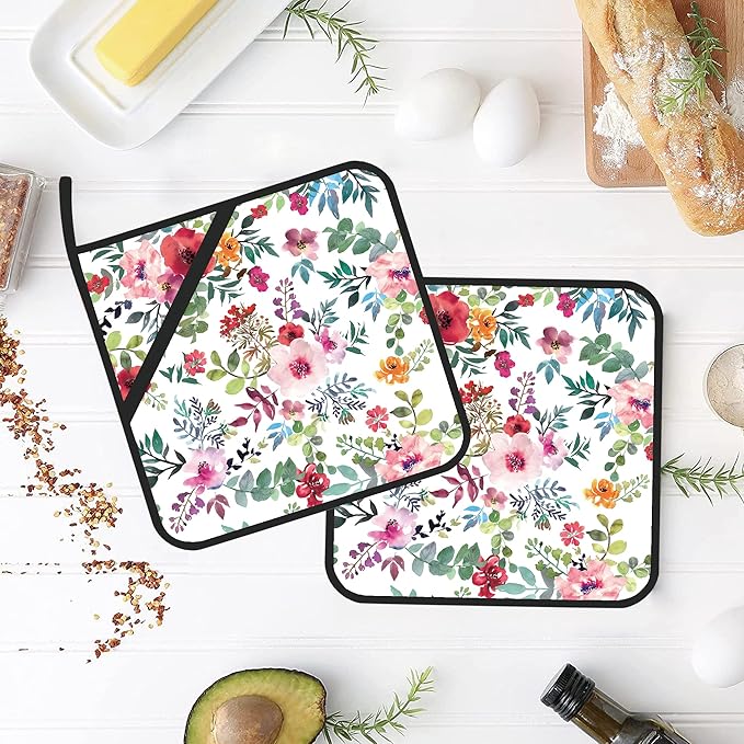 Watercolor Floral Flowers Pot Holders Set of 2 Kitchen Heat Resistant Potholder for Microwave Cooking Baking Oven End Dishes and BBQ