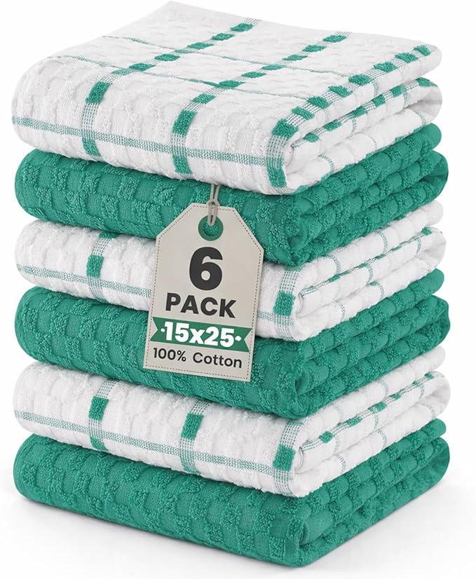 GOLD TEXTILES Kitchen Towels 6 Pack Premium 100% Cotton Dish Towels for Kitchen (15 x 25 Inches) Super Soft & Absorbent Kitchen Hand Towels for Drying Dishes, Cleaning - Reusable and Washable (Green)