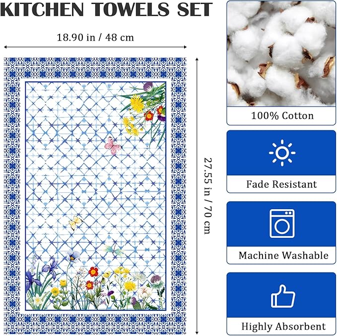 Wildflower Tea Towels, Cotton Kitchen Towel 18.9 × 27.5 inch, Quick Drying Dish Cloth for Party Anniversary Holiday Decoration, Housewarming Gifts for Mom