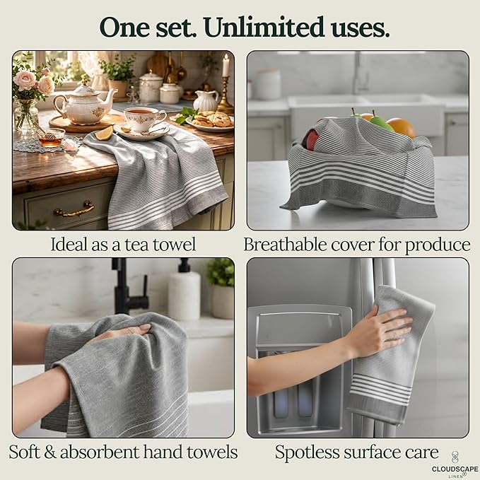CLOUDSCAPE Kitchen Towels Set of 6 : 18”x28” Cotton Blended Stripe Hand Towels with Hanging Loop - Quick-Drying Dish Towels for Kitchen Essentials, Dish Cloths for Drying & Washing Dishes - Grey