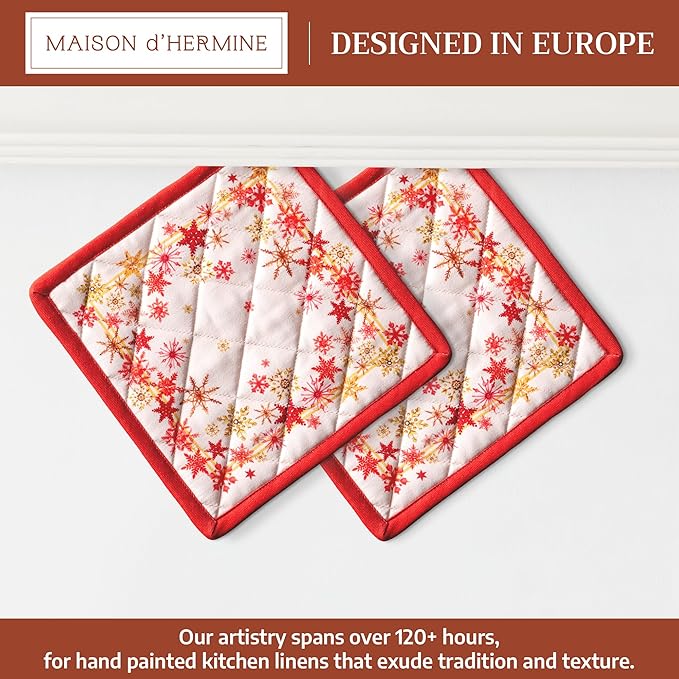 Maison d' Hermine Pot Holders Set 100% Cotton Heat Resistant Potholders 8" x 8" Hot Pads with Loop for Thanksgiving Christmas Decorations BBQ Cooking Baking Handling Hot Pans (Pack of 2, Crystal Star)