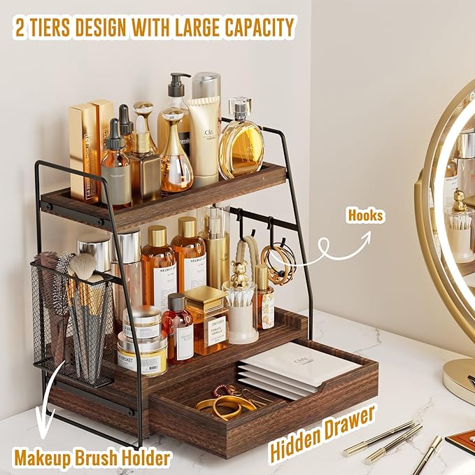 2-Tier Bathroom Counter Organizer with Drawer & Removable Basket, Wood & Metal Vanity Organizer for Skincare, Makeup, Perfume, Toiletries, Small Bathroom Counter Shelf, 13'' Rustic