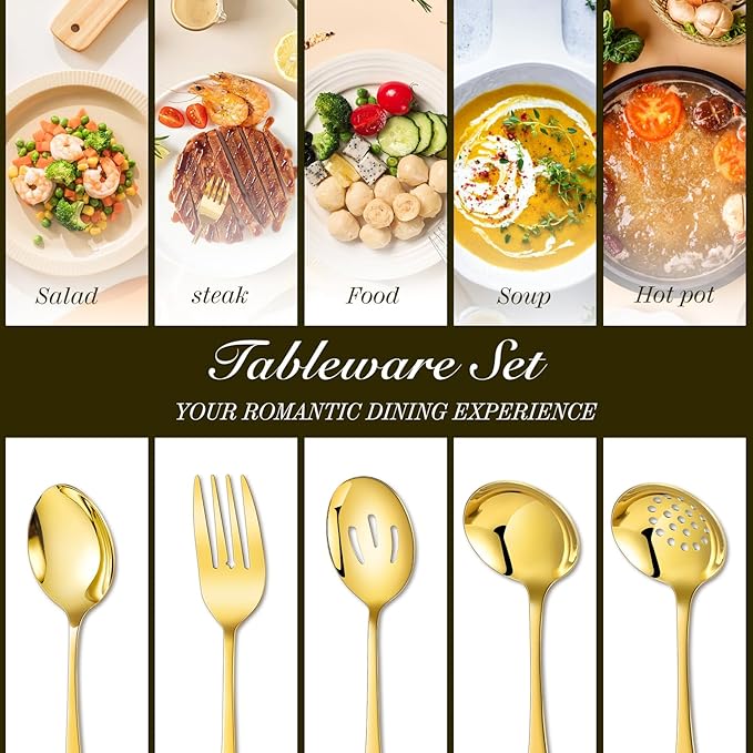 Mwellewm 17Pcs Serving Utensils, Gold Stainless Steel Serving Spoons, Slotted Spoon, Fork, Tongs, Cake Pie Server, Soup Spoon, Metal Buffet Banquet Cutlery Set for Parties Entertaining Catering