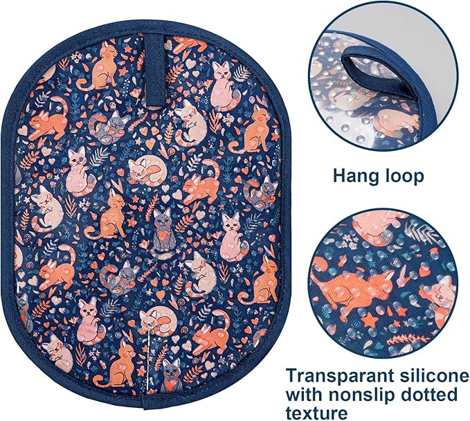 Pot Holders Set of 2 with Transparent Clear Silicone Shell and Nice Cat Flower Cotton Lining, Heat Resistant to 500 F Kitchen Oven Gloves Pot Holder for Cooking (Navy, Cat, Potholders)