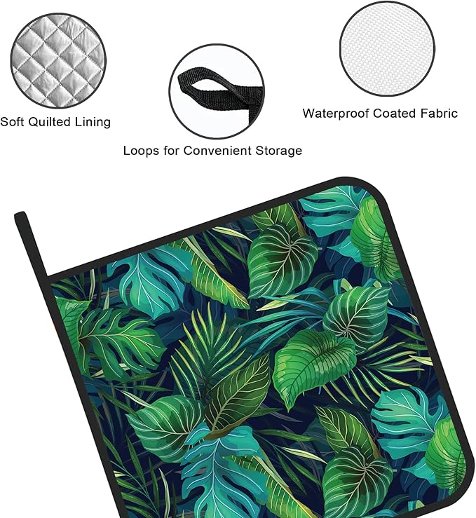 Green Tropical Leaves Pot Holders Set of 2 Kitchen Heat Resistant Potholder for Microwave Cooking Baking Oven End Dishes and BBQ