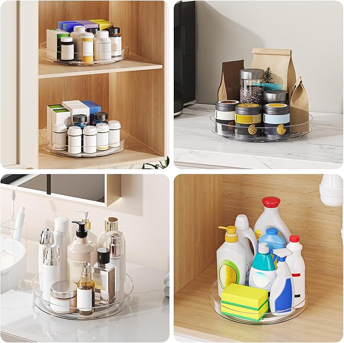 2 Pack 10 Inch Lazy Susan Turntable Organizer, Clear Rotating Spice Rack for Cabinet, Pantry, Kitchen Countertop and Fridge, Non-Slip Acrylic Spinning Tray for Bathroom Vanity