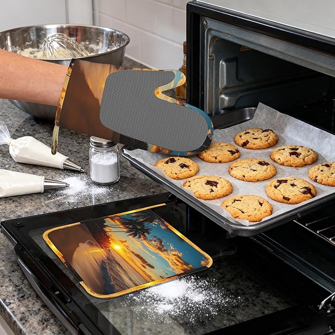 Tropical Palm Oven Mitts and Pot Holders (4PCS),Sunset Trees Sea Beach Heat Resistant Non-Slip Silicone Kitchen Gloves for Cooking, Baking, BBQ Waterproof Kitchen Accessories