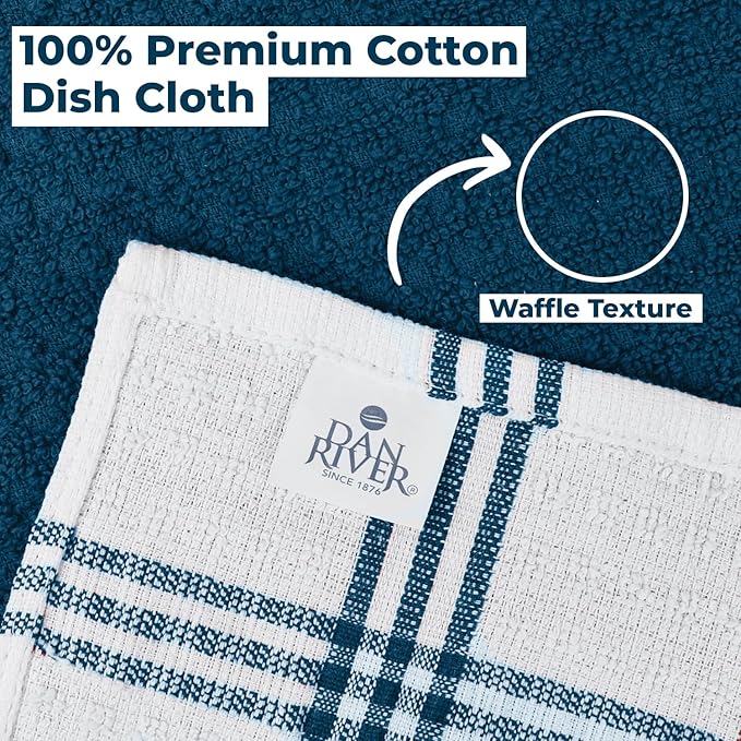 DAN RIVER Premium Dish Cloth 100% Cotton 12 X 12 Inches |Pack of 8|-Ultra Soft Tea Towels-Highly Absorbent Kitchen Rags-Terry Dishcloth for Kitchen and Household Cleaning |Blue Opal|