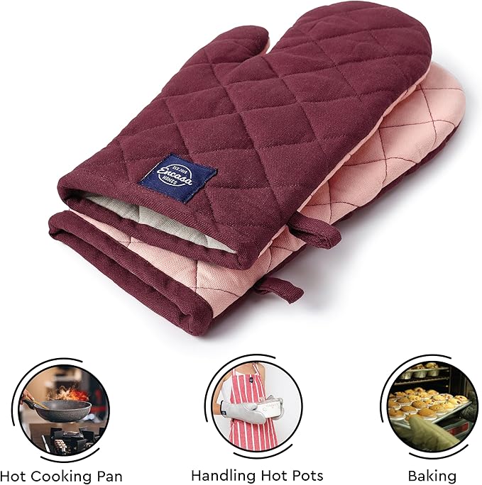 Encasa XO Heat Resistant Cotton Oven Gloves Mitts (2 Pc Set) - Quilted & Safe 12x6.6 in - for Kitchen, Cooking & Baking, Grilling, Handling Hot Pots & Pans - Maroon