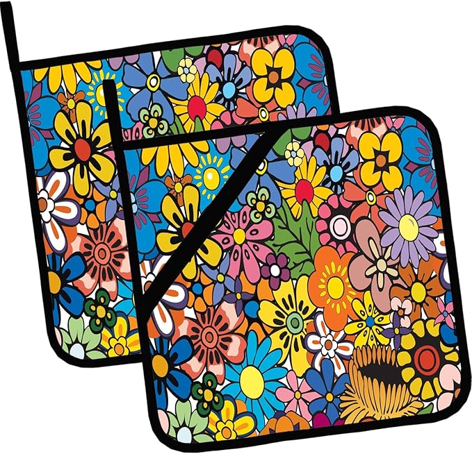 Retro Hippie Flower Pot Holders Set of 2,Kitchen Heat Resistant Potholder for BBQ Cooking Baking,Food Hot Pad for Women Men