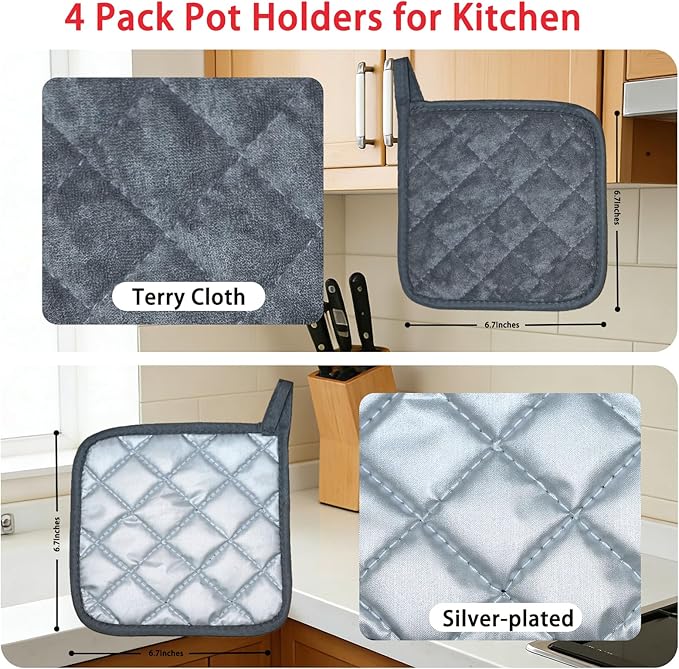 4 Pack Pot Holders for Kitchen Clearance Oven Potholders Sets for Kitchens Hot Pads for Kitchen Countertops Heat Resistant Grey