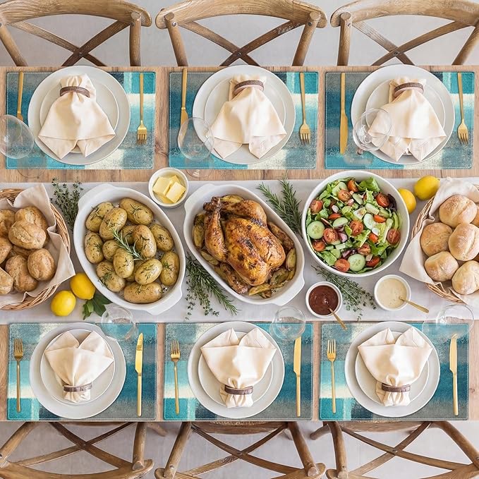 Emvency Farmhouse Placemats Set of 6,12x18 Inch Linen Rectangular Place Abstract Modern Teal Blue Coastal Table Mats for Indoors & Outdoor Home Party Kitchen Dining Decoration