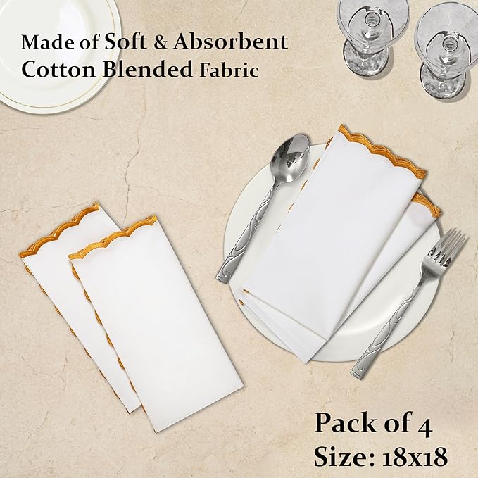 Ridhi Cloth Napkins 100% Pure Cotton Farmhouse Wedding Dinner Napkins Gift for Spring, Easter, Valentine, Holiday, Everyday Napkin (8-18" x 18" White with Goldenrod Yellow Edge)