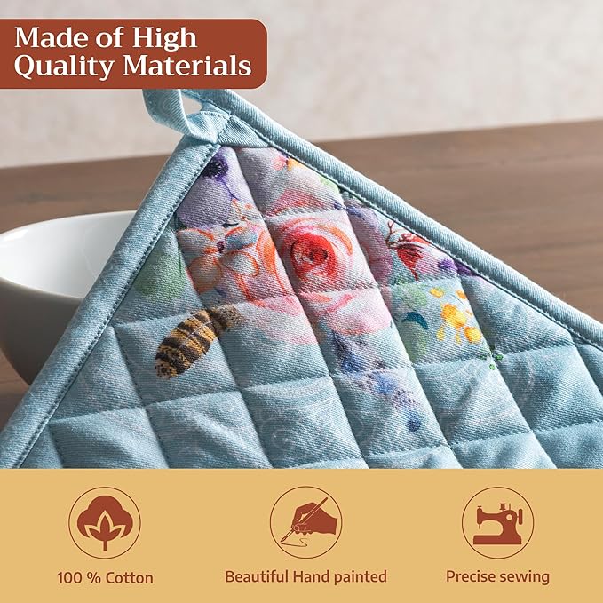 Maison d' Hermine Pot Holders 100% Cotton Heat Resistant Potholders 8" x 8" Hot Pads with Loop BBQ Cooking Baking Gifts for Mothers Day Handling Hot Pans Spring/Summer (Pack of 2, Ibiza - Blue)