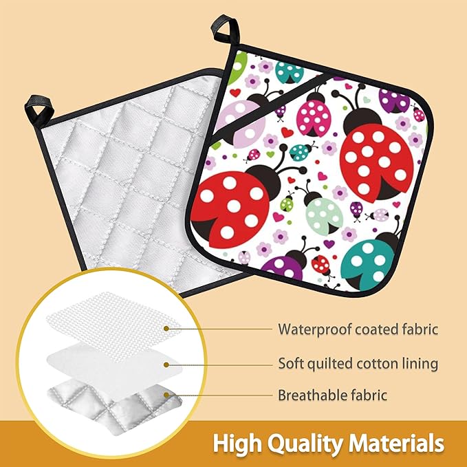 Ladybug Flower Pot Holder Set of 2,Heat Resistant Potholders Oven Hot Pads for Kitchen Cooking Baking BBQ
