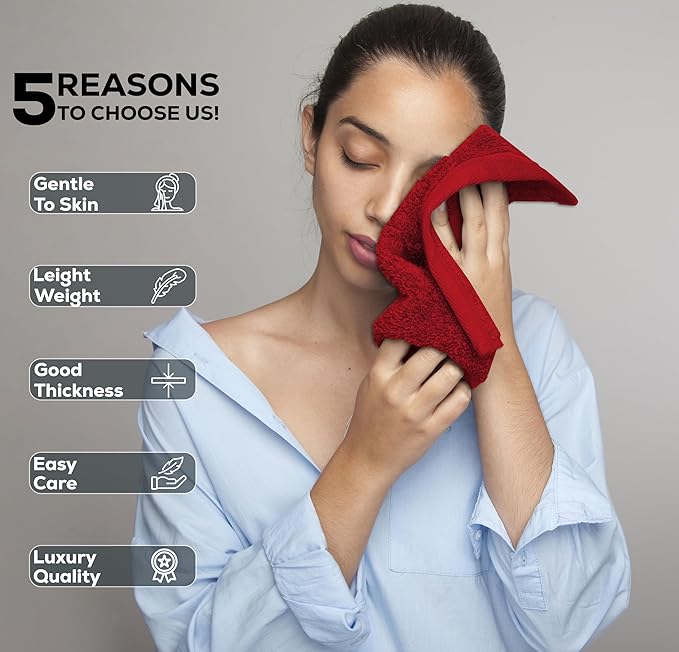 GOLD TEXTILES Luxury Wash Cloths Set of 12, Red (13x13 Inches) 100% Ring Spun Cotton, Premium Feel with High Absorbancy Ideal Washcloths for Bathroom,Salon, Spa and Gym