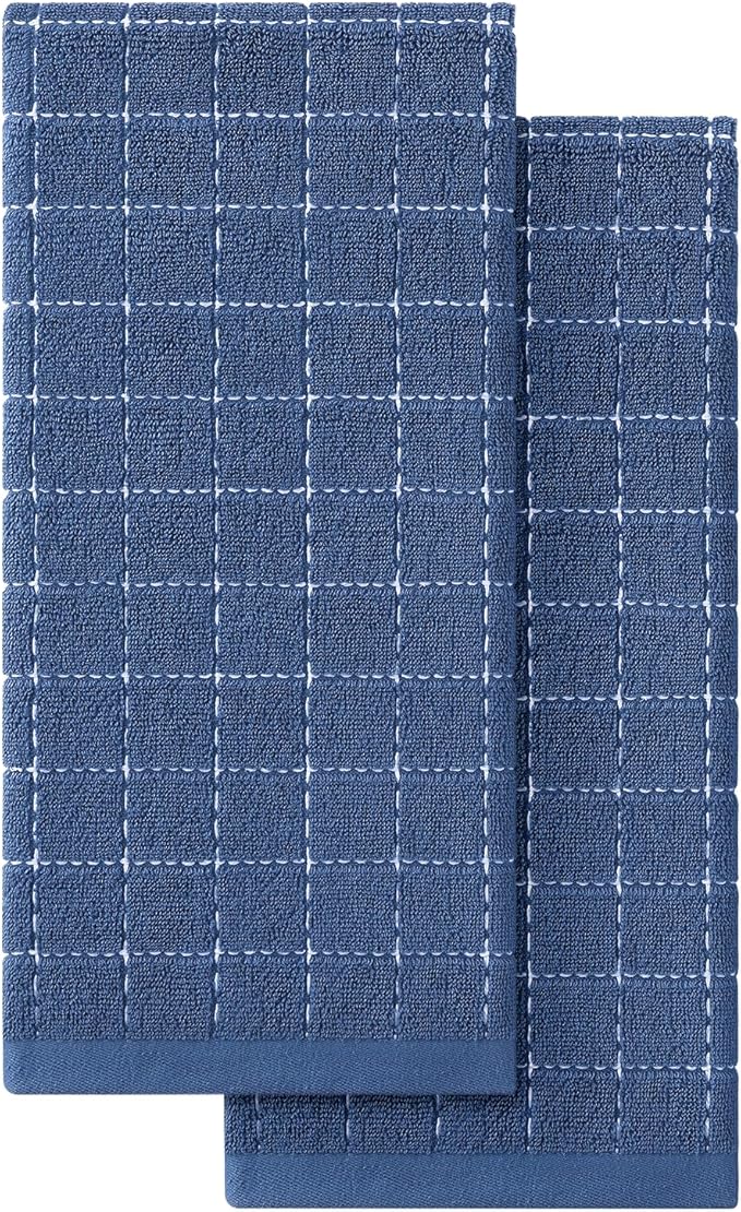Homaxy 100% Cotton Terry Kitchen Towels(Navy Blue, 13 x 28 inches), Checkered Designed, Soft and Super Absorbent Dish Towels, 2 Pack