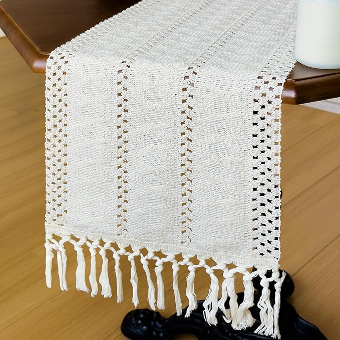 Macrame Table Runner Cream Beige Boho Table Runners with Tassels 48 Inches Long, Rustic Farmhouse Table Runners for Living Room Bridal Shower(12x48in, Fringe Included)