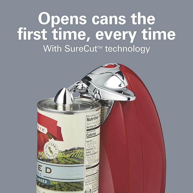 Hamilton Beach Electric Automatic Can Opener with Auto Shutoff, Knife Sharpener, Cord Storage, and SureCut Patented Technology, Extra-Tall, Red