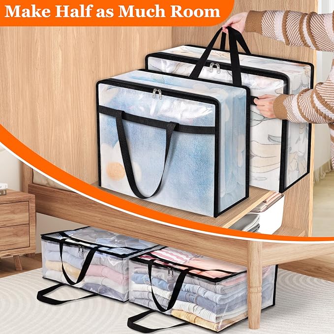 TasticTotes 6 Pack Clear Storage Bags for Comforter, Clothes & Bedding, Plastic Blanket Storage with Zipper and Handle, Moving Bags, Closet Organizer and Under-Bed Storage (90L)