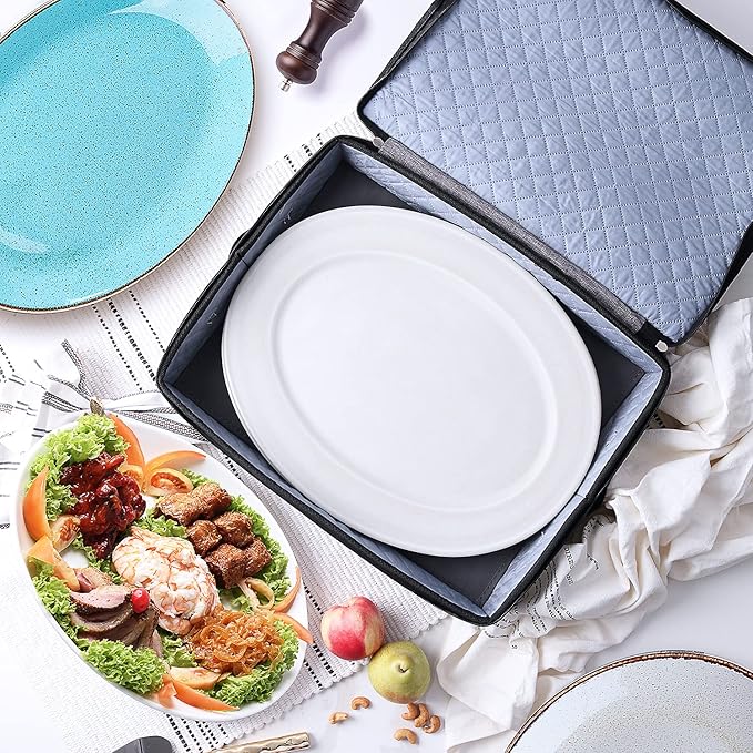 Platter Storage Case – Fine China Storage Containers Hard Shell, Quilted and Stackable 16”x 12.5”x 3.5” Platter Storage Container with Handles and Felt Dividers for Moving and Seasonal Storage, Grey