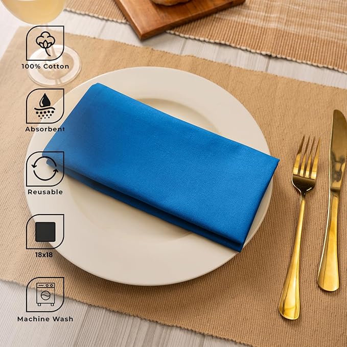 Blue Needles Solid Cloth Napkins Set of 12 Royal Blue 100% Cotton Dinner Napkins 18x18 inches - Soft, Reusable, Absorbent & Washable Linen, Ideal for Spring Summer Easter Events Parties & Everyday Use