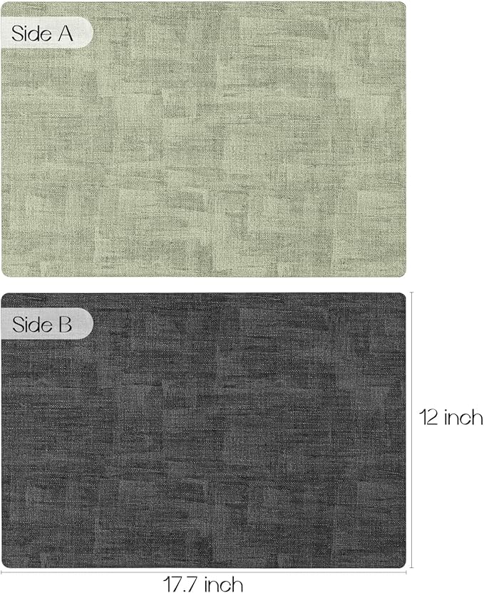 Romanstile Sage Green Placemats Set of 4-12x17 Inch, Vinyl Waterproof Washable Non Slip Table Mats, Reversible Heat Resistant Wipeable Table Placemats for Dining/Party/Indoor/Outdoor, Grey-Grass Green
