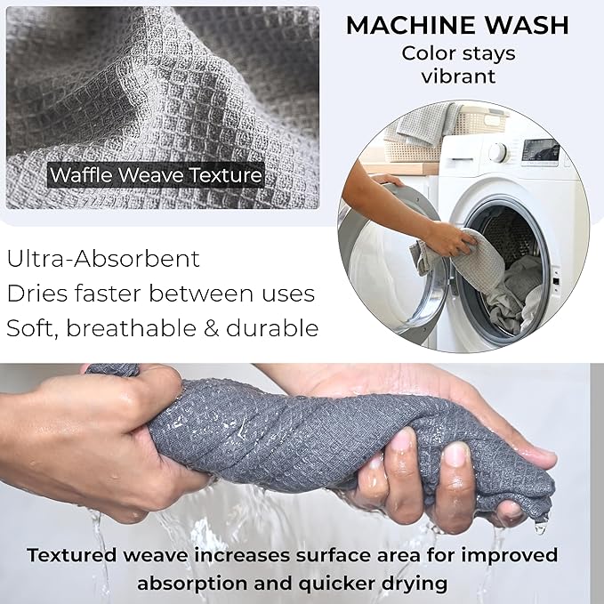 Highly Absorbent Cotton Dish Towels for Drying - Set of 6 Light Gray Kitchen Towels - 18"X28" Lint Free Waffle Weave Cloth Linen Hand Bathroom Bulk Dishtowels