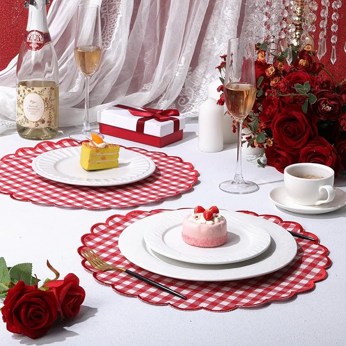 Set of 6 Round Placemats 15 Inch Cotton Scalloped Embroidery Placemat Washable Double Layered Rustic Dinner Table Mat Decor Fabric for Hotel Restaurant Kitchen(Red,Plaid)