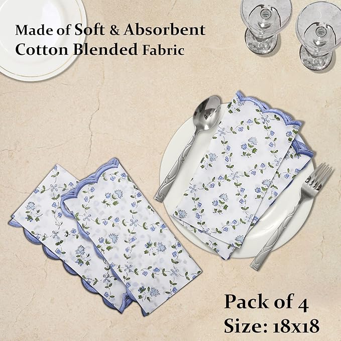 Ridhi Hand Block Print Powder Blue 18" x 18" (Set of 4) Embroidery Table Napkins Reusable Cotton Dinner Napkins for Weddings, Parties, Everyday Dining Gift for Spring, Easter, Valentine
