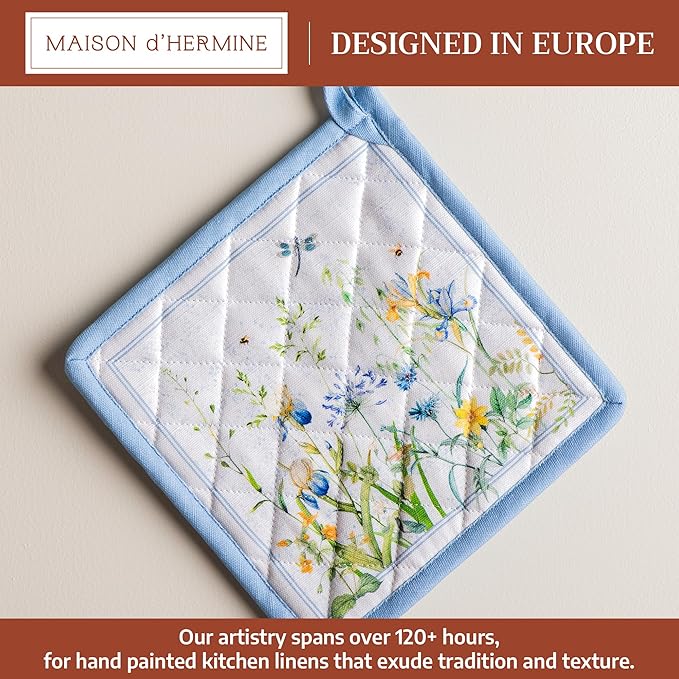 Maison d' Hermine Pot Holders 100% Cotton Heat Resistant Potholders 8" x 8" Hot Pads with Loop BBQ Cooking Baking Gifts for Mothers Day Handling Hot Pans Spring/Summer (Pack of 1, Fleurs De Mai)
