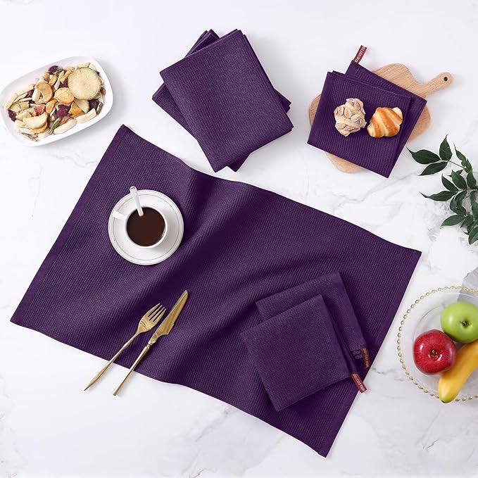 Homaxy 100% Cotton Kitchen Towels and Dishcloths Set - 8 Pack Waffle Weave Soft and Absorbent Dish Towels - 26 X 16 Inch and 12 X 12 Inch - Eggplant