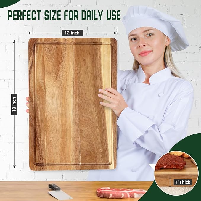 XL Cutting Board, 18x12 Large Acacia Wooden Cutting Board for Kitchen, Edge Grain Wood Chopping Board with Juice Groove and Handles, Pre-Oiled Carving Tray for Meat & Cheese