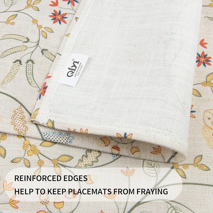 QIYI Boho Placemats Set of 4, 12x18 Inch Linen Fabric Place Mats for Kitchen Dinning, Farmhouse Rustic Floral Cloth Table Mats, Washable Placemat Folk Art Party Table Décor, Forest Birds