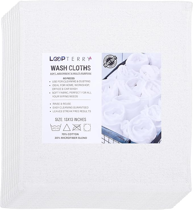 Looperry White Terry Cloth Rags (60 Pack Bulk) 13"x13" Inches Commercial Grade Dish Cloth Multipurpose Cleaning Rags for Housekeeping, Car Wash. Absorbent & Reusable Bar Mop Towels for Kitchen Cotton