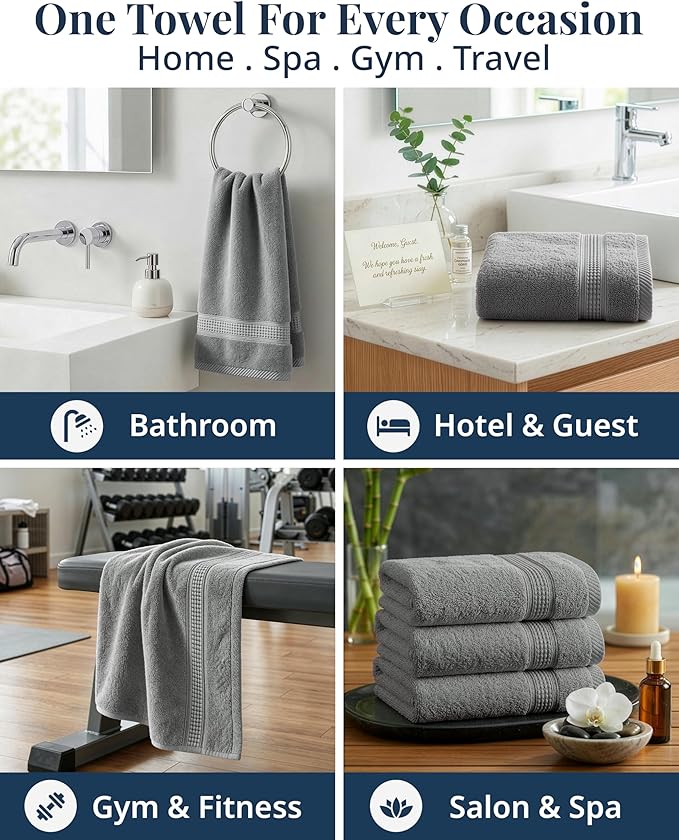Grey Hand Towels for Bathroom - Pack of 4 (16" x 28") - 100% Cotton Double Stitched Edges - Ultra Soft, Quick Dry & Highly Absorbent - Everyday Comfort Hand & Face Towels for Family and Gym Use - Grey