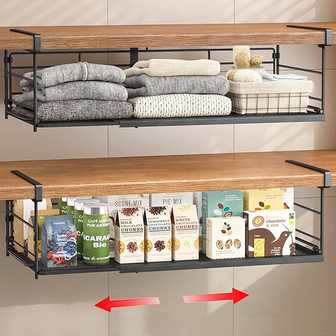 Expandable Under Cabinet Shelf, Extendable Under Shelf Storage with Removable Wire-Like Back for Pantry Cabinet, Laundry Room, Shoe Rack. (Black, 2 Pack, Interior: 5" H x 10" D)