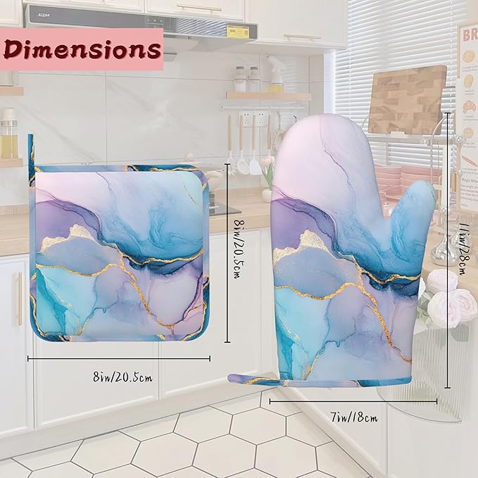 Golden Marble Pink Purple Blue Heat-Resistant Silicone Oven Mitts and Pot Holders,Long Oven Gloves with Non-Slip Grip for Cooking, Baking, Grilling,BBQ