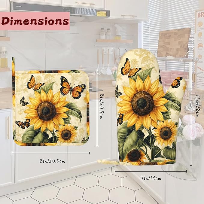 Vintage Sunflower Silicone Oven Mitts and Pot Holders,Butterfly Heat-Resistant 4 Piece Kitchen Set Non-Slip Oven Gloves and Hot Pads for Cooking, Baking, Grilling,BBQ