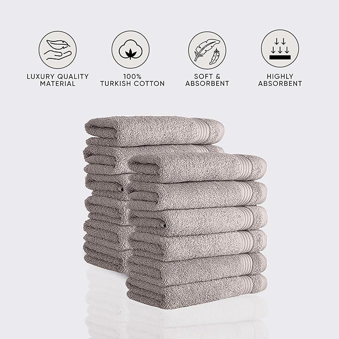 Classic Turkish Towels CTT - Premium Washcloths 12 Pack Set, 100% Turkish Cotton, Highly Absorbent & Quick Dry, Face Towels Wash Cloths for Hotel, Spa & Gym | 12"x12" (Light Grey)