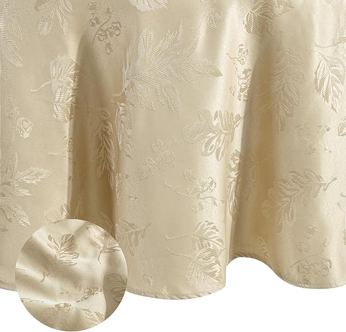 Elrene Home Fashions Elegant Woven Leaves Jacquard Damask Wrinkle Resistant Tablecloth, 60" x 84", Oval, Taupe