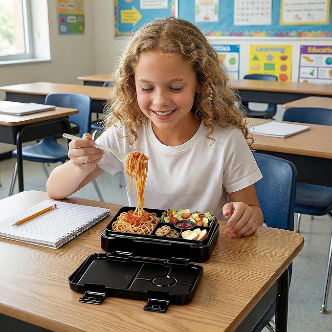 Bento Lunch Box for Kids, 6 Compartments BPA Free, Dishwasher Safe Back to School Snack Bento Lunch Containers Boxes, Ideal Portion Sizes for On-the-Go Meal, Ages 3+, School, Black