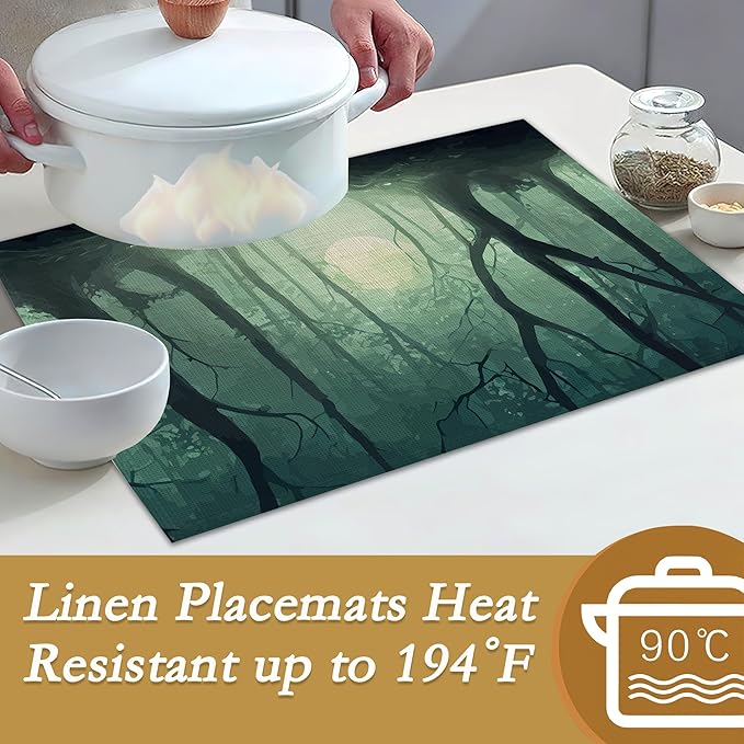 Misty Forest Placemats, 12 x 18 inch, Linen Placemat Kitchen Dining Room Decor Holiday Decor Rustic Vintage Waterproof Washable Placemat Set of 6